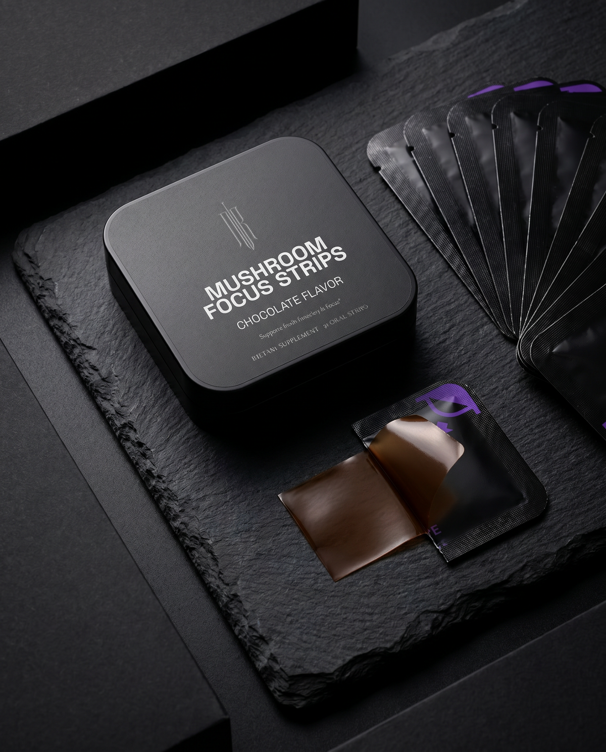 IronRite Focus tin with multiple individually packed oral strips and an opened sachet